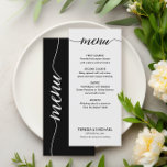 Menu Simples Black and White Script Comida Personalizad<br><div class="desc">Simples Black and White Script Custom Meals Wedding Menu" (Menu de casamento de refeições personalizadas com script preto e branco) - um complemento clássico e elegante à sua recepção de casamento. Este menu apresenta um esquema de cores preto e branco eterno com tipografia do script na moda, permitindo personalizar as...</div>