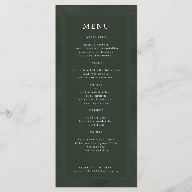 Menu Simples casamento elegante e verde escuro (Frente)