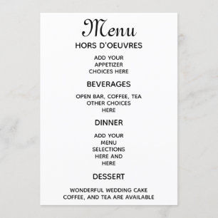 Menu simples da recepção de casamento