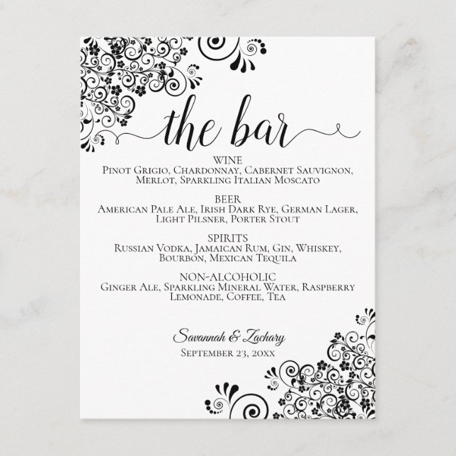 Menu Simples de Bar de Casamento Preto e Branco (Frente)