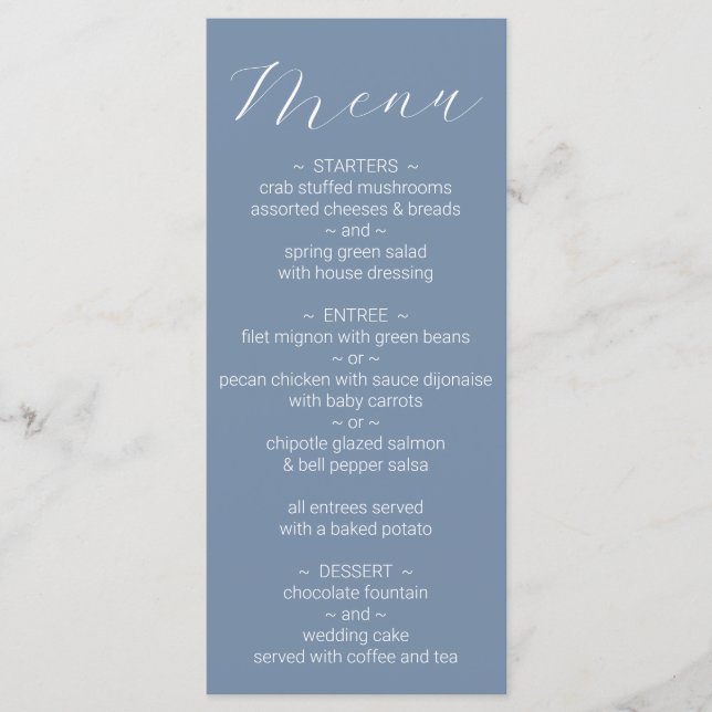 Menu Simples de Casamento Azul Dusty (Frente)