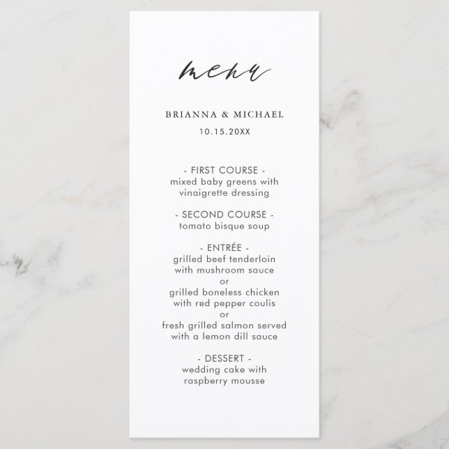 Menu Simples de Casamento de Caligrafia Moderna (Frente)