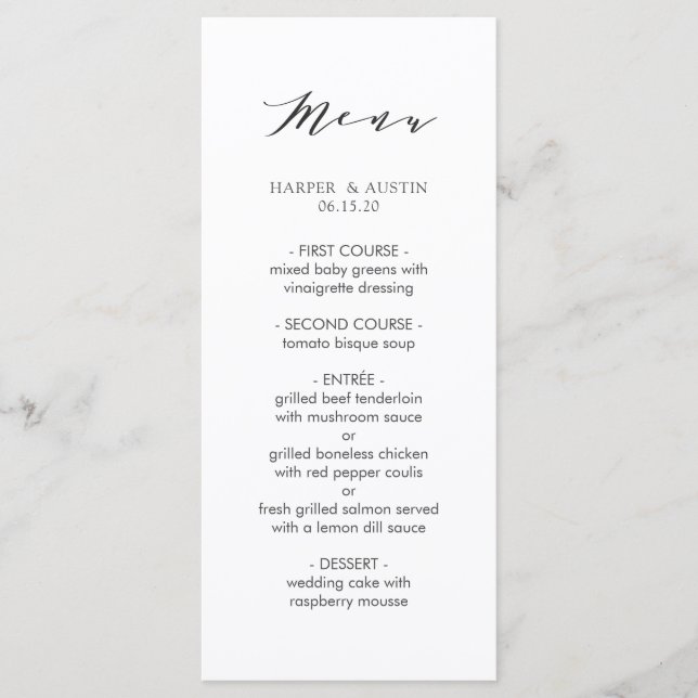 Menu Simples de Casamento de Caligrafia Moderna (Frente)