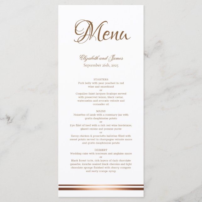 Menu Simples de Casamento de Impressão Dourado Ele (Frente)