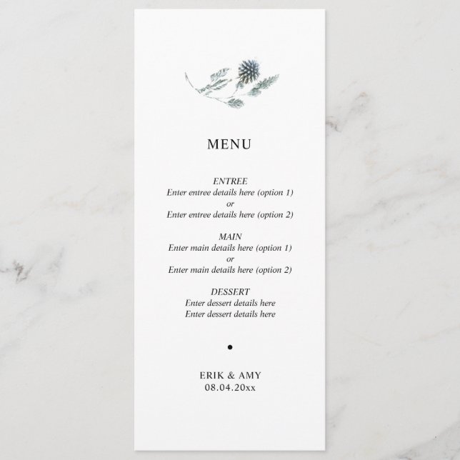 Menu Simples de Casamento Floral com Thistle Azul (Frente)