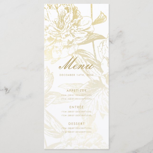 Menu Simples de Casamento Floral Elegante Dourado (Frente)