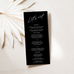 Menu Simples de Casamento Negro Elegante "Elegante<br><div class="desc">Este menu apresenta um design minimalista que adiciona um toque de sofisticação à sua recepção. Com seu elegante pano de fundo preto e uma tipografia limpa, esta placa de menu complementa lindamente qualquer configuração de mesa. Exibindo suas ofertas culinárias com clareza e estilo, ele define o tom para uma experiência...</div>