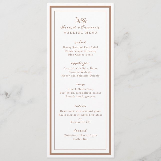 Menu Simples Flor Casamento Jantar Cobre (Frente)