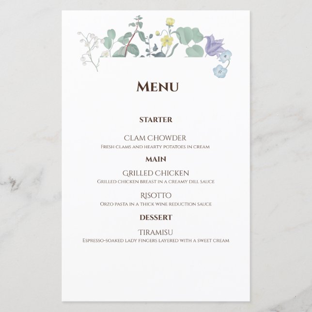 Menu Simples Floral de Casamento Mínimo (Frente)