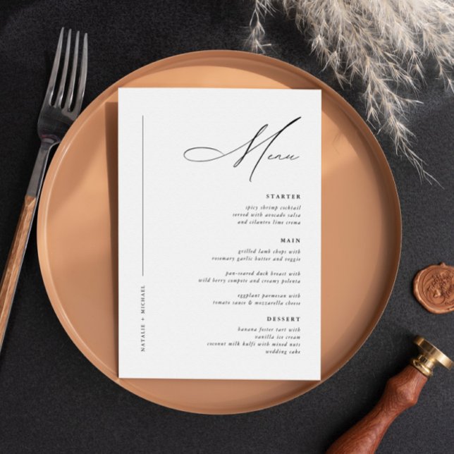 Menu Simples Mesa de Casamento Preto e Branco Moderno (Criador carregado)