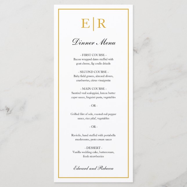 Menu Simples Monograma de Ouro Elegante Casamento Forma (Frente)