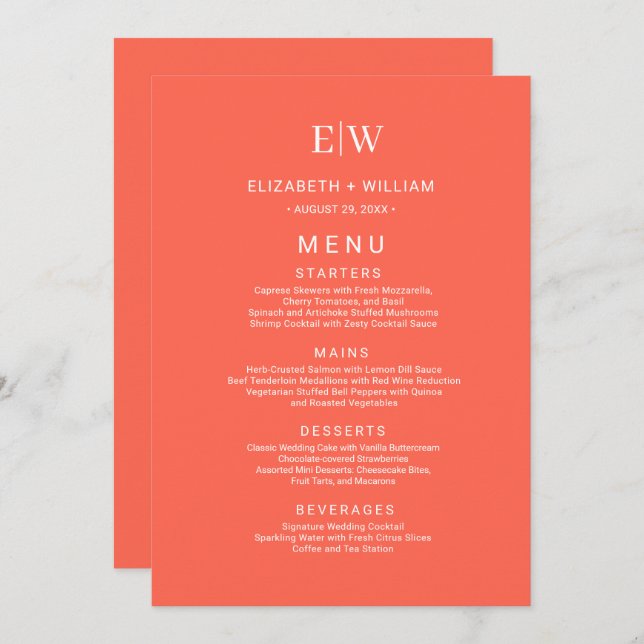Menu Simples Neon Flare Elegante com Casamento Monogram (Frente/Verso)
