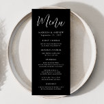 Menu Simples Script de Casamento Preto e Branco<br><div class="desc">Menu de casamento simples com "Menu" exibido em um roteiro branco com fundo preto. Personalize o menu de casamento preto-e-branco adicionando seus nomes,  data de casamento e informações do menu. Projetado para coordenar com nossa coleção de casamento Simple Script.</div>