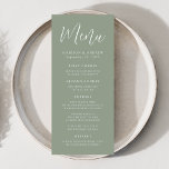 Menu Simples Script Sage Green Wedding<br><div class="desc">Menu de casamento simples com "Menu" exibido em um roteiro branco com um fundo verde sábio. Personalize o menu sábio de casamento verde adicionando seus nomes,  data de casamento e informações do menu. Projetado para coordenar com nossa coleção de casamento Simple Script.</div>