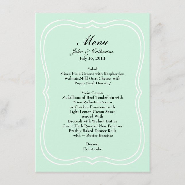 Menu simples verde do casamento da elegância da (Frente)