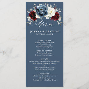 Menu Slate Blue Burgundy White Ivory Floral Casamento