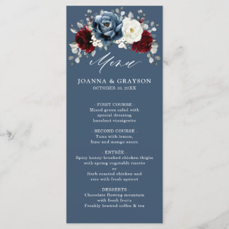 Menu Slate Blue Burgundy White Ivory Floral Casamento