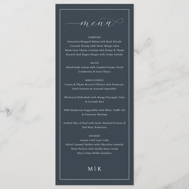 Menu Sofisticado Cardápio de Casamento Azul Marinho Ele (Frente)