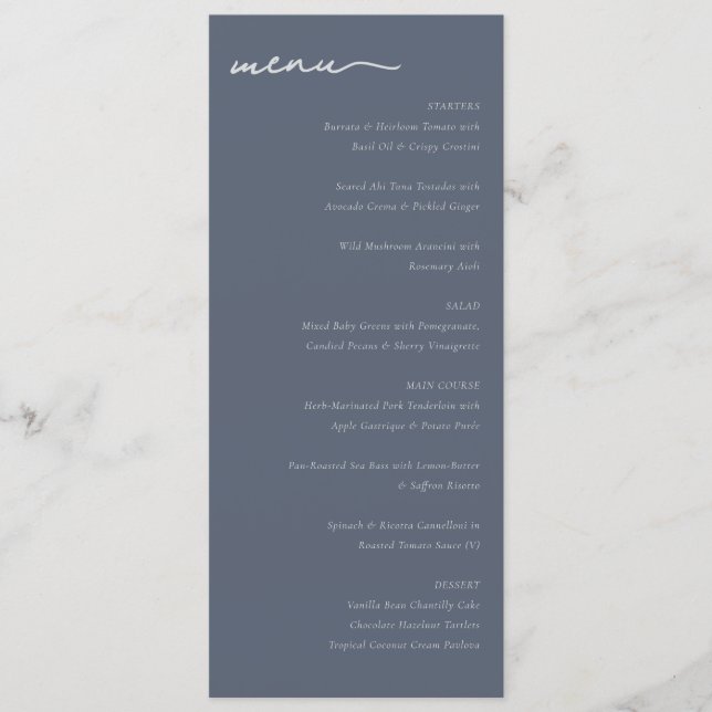 Menu Sofisticado Cardápio de Casamento Minimalista Azul (Frente)