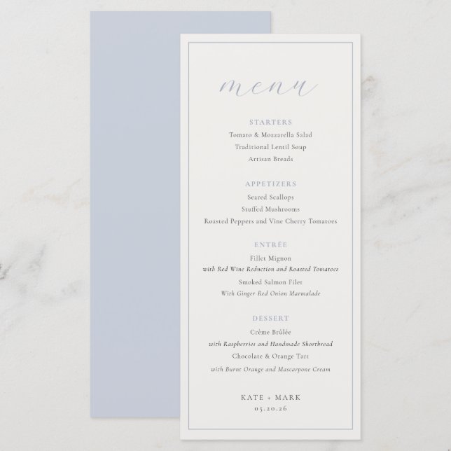 Menu Soft Dusty Blue Wedding (Frente/Verso)