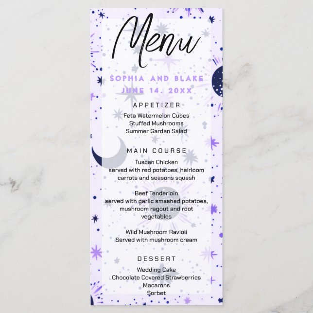 Menu Sol Celestial Negro e Roxo Estrelas Casamento (Frente)