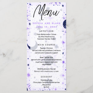 Menu Sol Celestial Negro e Roxo Estrelas Casamento