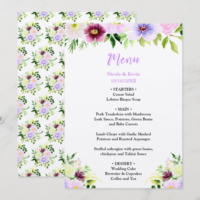 Menu Spring Purple Flowers with Foliage (Frente/Verso)