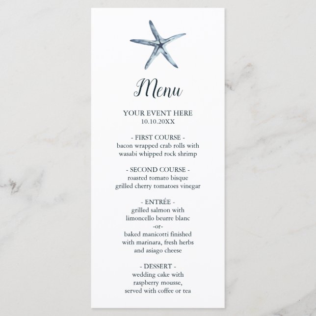 Menu Starfish Azul | Casamento náutico (Frente)