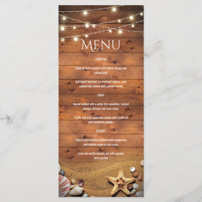 Menu Starfish Rustic Beach Lights Tropical WedMenu (Frente)