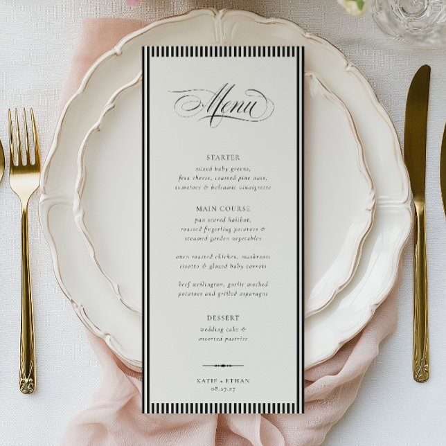 Menu STATELY Calligraphy Stripes Wedding (Criador carregado)