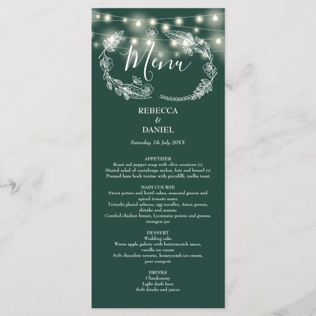 Menu String Lights Floral Emerald Green Wedding (Frente)