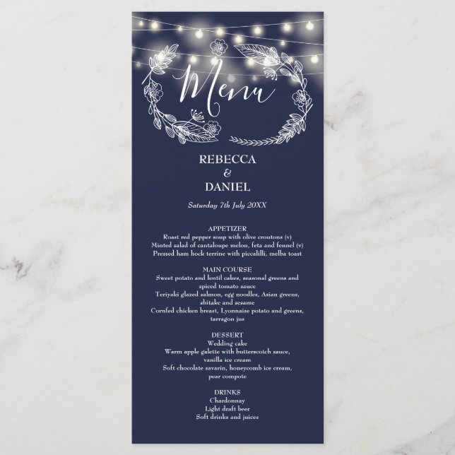 Menu String Lights Floral Marinho Blue Weding (Frente)