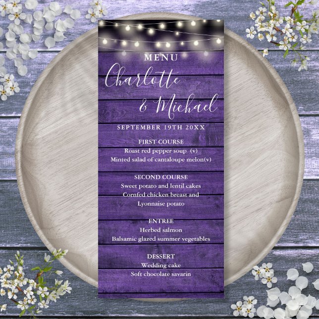 Menu String Lights Purple Rustic Wood WedMenu (String Lights Purple Rustic Wood Wedding Menu)