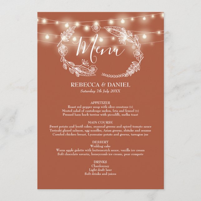 Menu String Lights Terracotta Floral Weding (Frente)