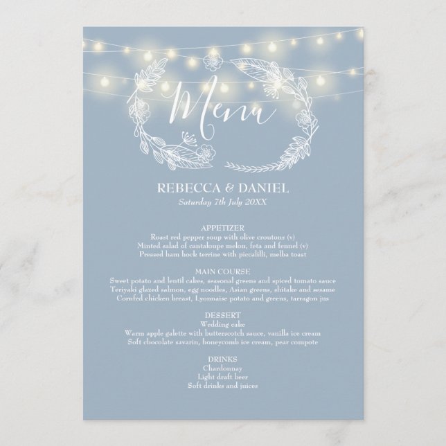 Menu String Luzes Azul Dusty Casamento Floral (Frente)