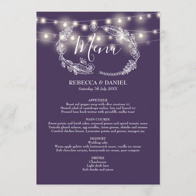 Menu String Luzes Purple Floral Casamento (Frente)