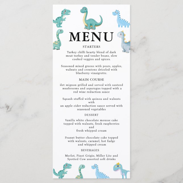 Menu Stylish Dinosaur Baby Shower White (Frente)