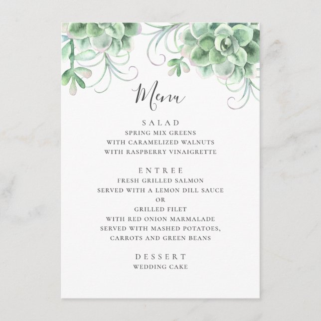 Menu Suculentas em aquarela. Casamento de cacto verde (Frente)