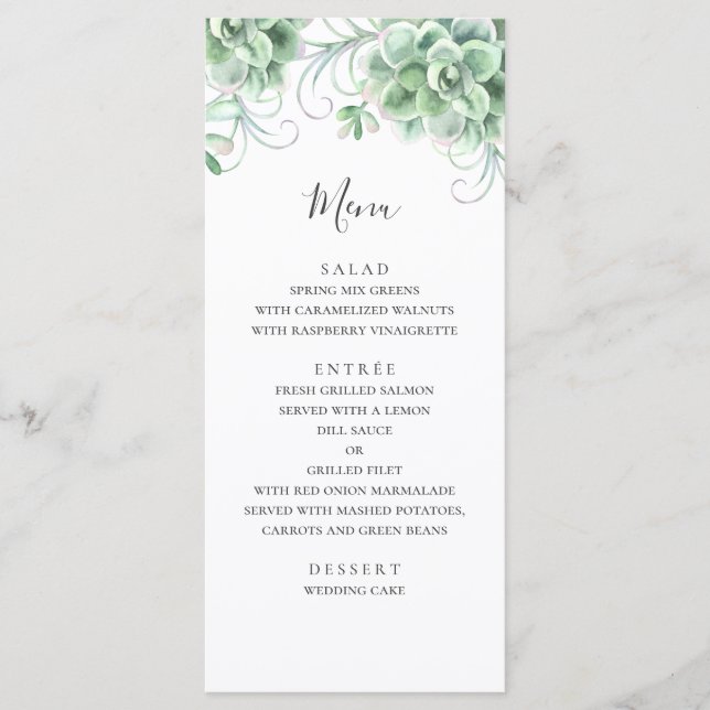 Menu Suculentes de aquarela. Casamento Greenery Cacto (Frente)