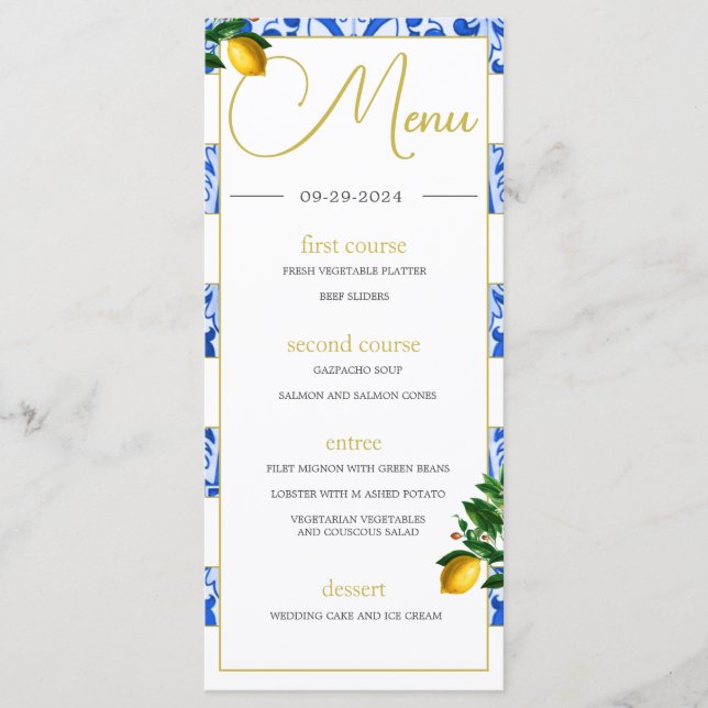Menu Summer Lemons Blue White Azulejos Monograma (Frente)
