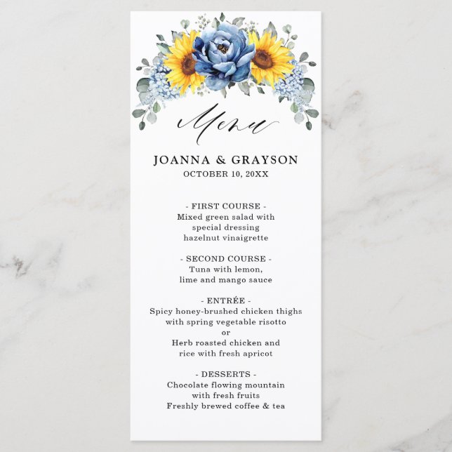 Menu Sunflower Dusty Blue Slate Peony Casamento Floral (Frente)