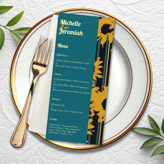 Menu Sunflower Teal Blue Gold Modern Wedding (Criador carregado)