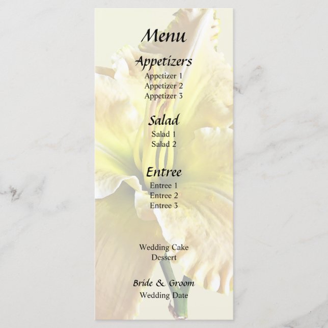Menu Suprimentos de casamento de lírio do dia amarelo (Frente)