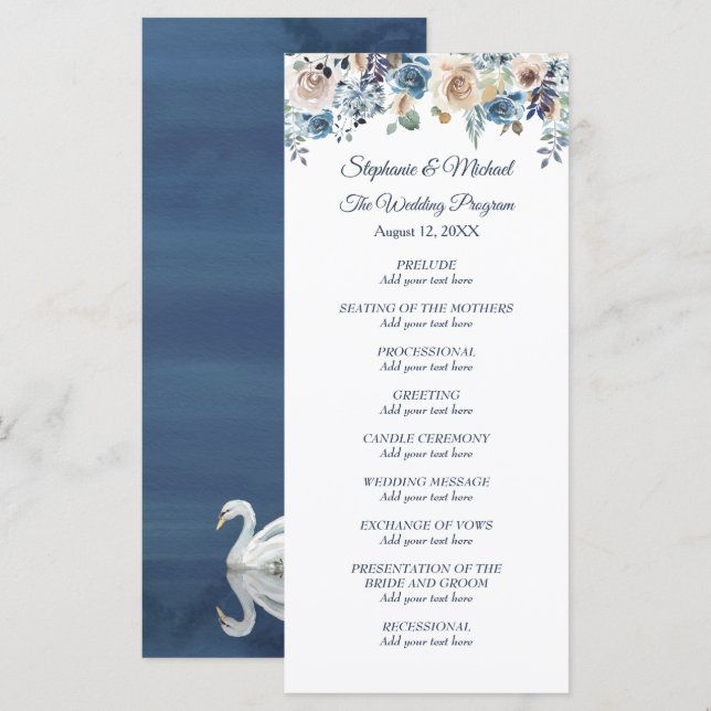 Menu Swan Floral Branco sobre o Casamento Azul (Frente/Verso)