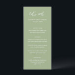 Menu Sydney Sage Green Modern Wedding<br><div class="desc">Menu de casamento moderno com um design tipográfico contemporâneo com "vamos coma" em tipografia elegante de script. Abaixo estão os detalhes de seu evento em seus nomes, data de casamento e menu em um layout simples e mínimo. O tema de cor é verde-sábio e pode ser alterado na ferramenta de...</div>
