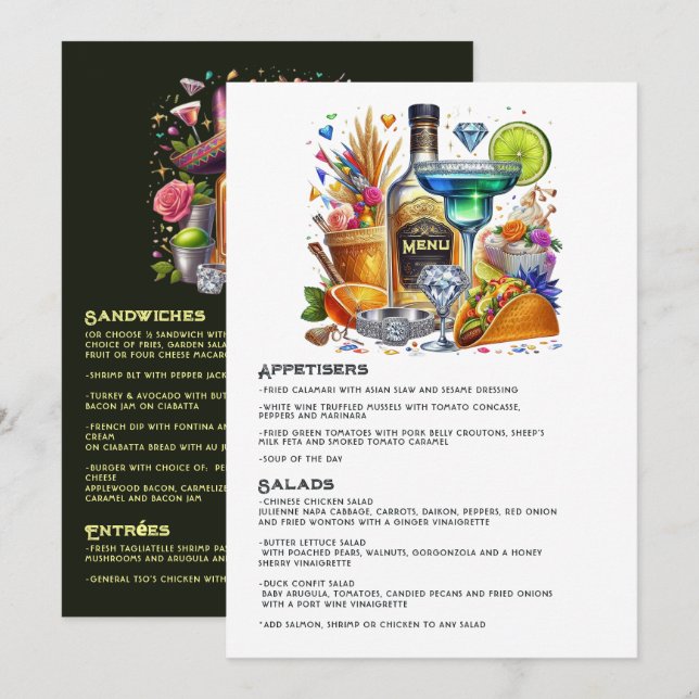 Menu Tacos Florais Brilhantes e Celebração de Festa com (Frente/Verso)