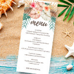 Menu Tahiti | Casamento Floral Da Ilha Tropical<br><div class="desc">O cardápio de casamento inspirado na ilha tropical apresenta um arranjo de hibisco, flores de flamingo e jasmim, e folhas de palma com suas opções e nomes de cardápio de casamento. O verso é uma folha de palma de um abstrato em tons de bege caquiano e esticada. Perfeito para praia,...</div>