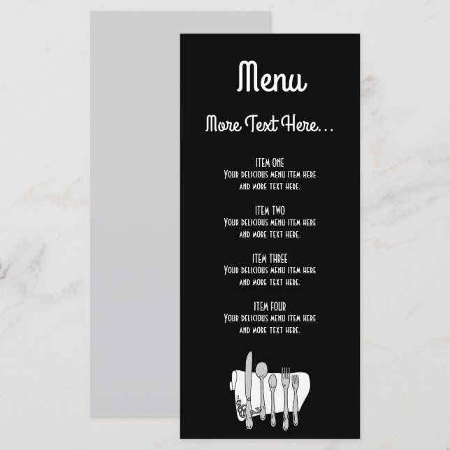 Menu Talheres Preto e Branco Design Editável 4" x 9" (Frente/Verso)