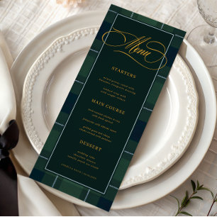 Menu Tartan Polo Xadrez Verde Escuro Casamento Vintage