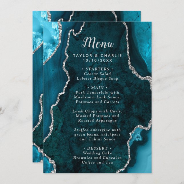 Menu Teal Blue and Silver Agate Marble Wedding (Frente/Verso)
